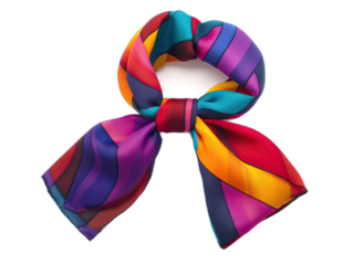 Designer silk twilly scarf in colorful geometric pattern, tied in bow shape on white background