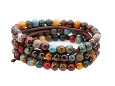 Beaded wrap bracelet with semiprecious stone beads and leather cord, unwrapped showing full length on white background
