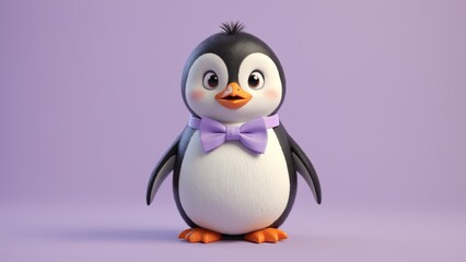 Fototapeta premium Cute Cartoon Penguin Character with Bow Tie on Soft Purple Background for Kids' Designs