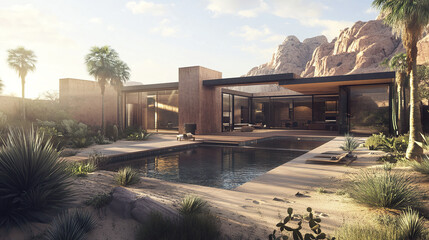Obraz premium Modern desert house with pool and mountain view, warm tones enhance tranquility
