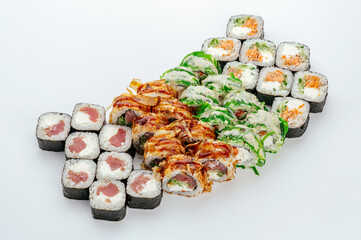 traditional Japanese sushi rolls on a white background
