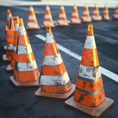Traffic cones line the roadway during construction work at a busy urban intersection in the early morning