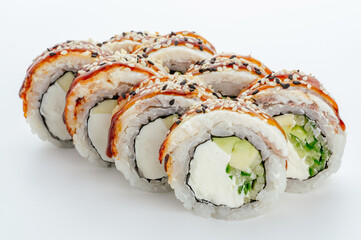 traditional Japanese sushi rolls on a white background
