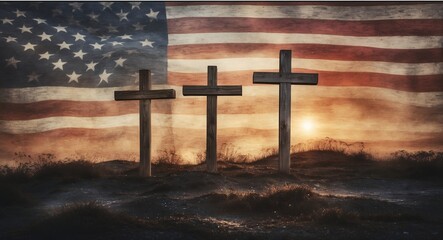 Three Crosses Against American Flag at Sunset with a Somber Mood