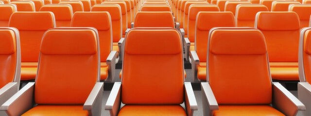 Fototapeta premium Bright orange seating arrangement in a spacious auditorium ready for an event