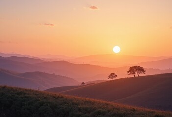 Obraz premium A lush green hill rises gently, adorned with a variety of trees, their leaves shimmering in the sunlight. The scene is tranquil, with a clear blue sky overhead and soft clouds drifting by.