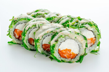 traditional Japanese sushi rolls on a white background
