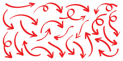 Set of red hand drawn doodle arrows vector. Doodle marker hand drawn arrow vector illustration isolated on white background.
