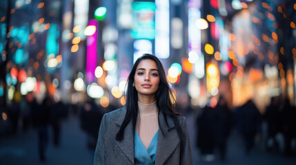 Naklejka premium young indian woman posing at city street at night
