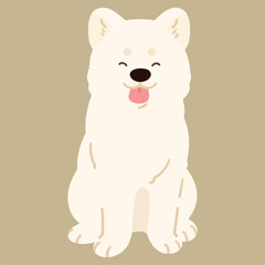 Simple and adorable flat colored smiling white Akita Dog sitting in front view
