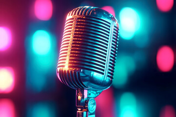 Close-Up of a Vintage Chrome Microphone on a Colorfully Lit Stage. AI generative.