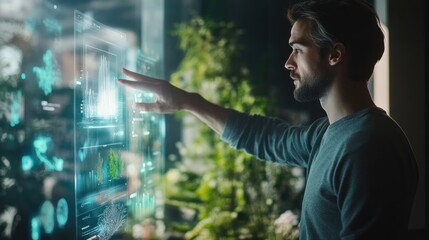 Man interacts with a futuristic, transparent holographic display showing data visualizations amidst indoor plants