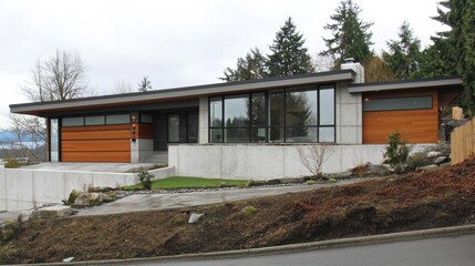 Fototapeta premium Industrial-style flat roof house with exposed concrete walls, large windows, and steel accents