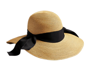 Structured wide-brim sun hat in natural straw with black ribbon, positioned to show shape on white background