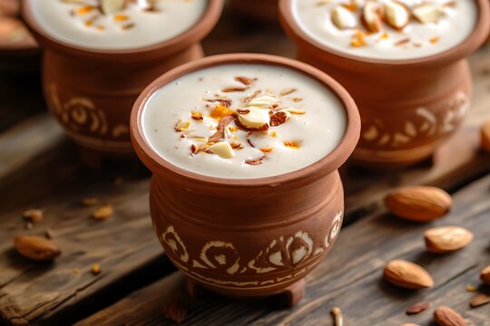 Traditional Indian kesar badam saffron almond milkshake served in clay cup