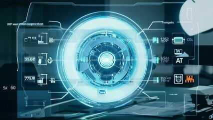 Advanced holographic technology display of futuristic interface on rotating disc. - Powered by Adobe