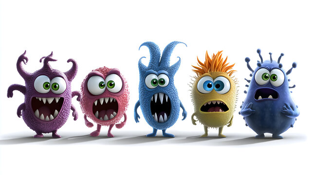 Cute cartoon bacteria characters with various colors and expressions, showcasing playful and humorous take on microscopic life