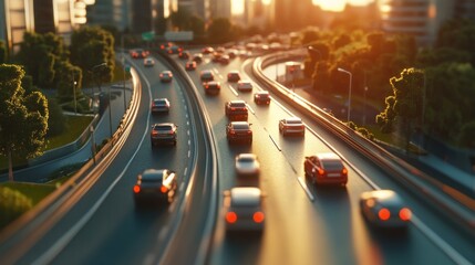 Sunset highway traffic jam, city backdrop