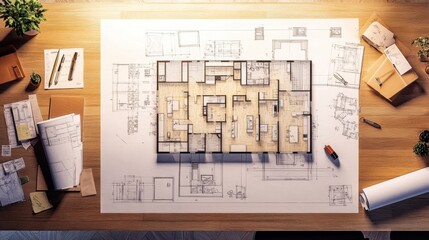 Large architectural blueprint spread across office table showing intricate residential layout