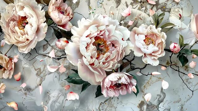 Romantic floral wallpaper with delicate peonies and marble accents