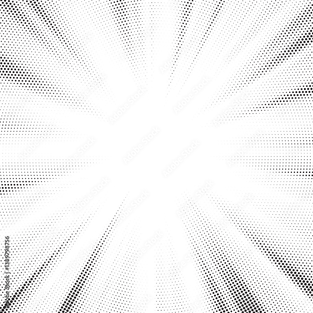 Poster Halftone gradient sun rays pattern. abstract halftone vector dots background. monochrome dots pattern. pop art, comic small dots. star rays halftone poster. shine, explosion. sunrise rays background.