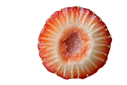 Juicy strawberry slice macro shot vibrant red color detailed texture seeds visible bright lighting