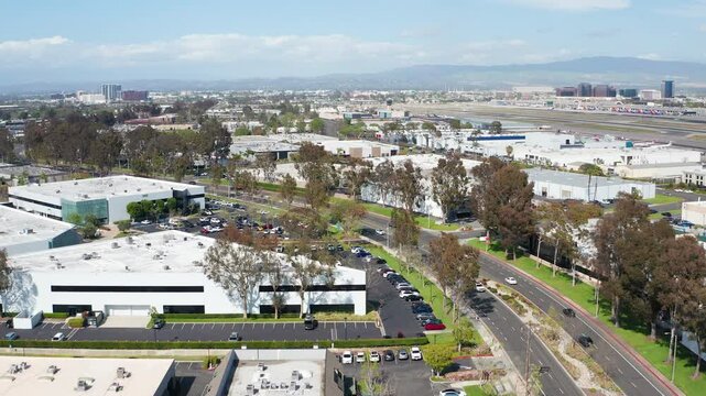 Aerial drone shot view of Costa Mesa John Wayne Airport Orange County California