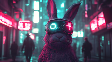 futuristic rabbit wearing cyberpunk visor hopping through neon lit city street, displaying sense of cool confidence and urban style
