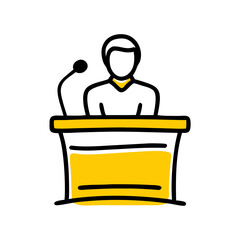 Witness stand illustration with speaker in minimalist style  