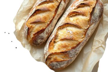 Two golden brown artisan baguettes freshly baked resting on parchment paper showing delicious crust