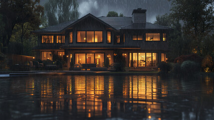 Obraz premium Rainy night suburban house with warm interior reflections