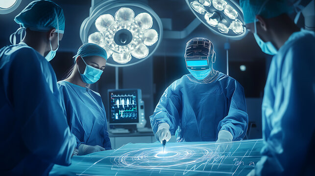 An AI powered remote surgery assistant, guiding surgeons through complex procedures using augmented reality, Medical tech style