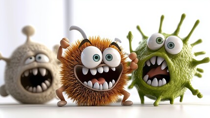 cartoon-like pathogens with scary faces and jagged edges, 3D effects, bright tones