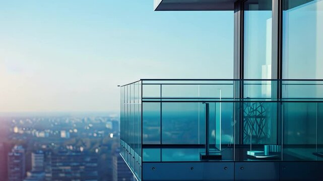 Skyline Balcony: Modern glass balcony of a skyscraper, offering breathtaking panoramic views of a sprawling cityscape on a sunny day.
