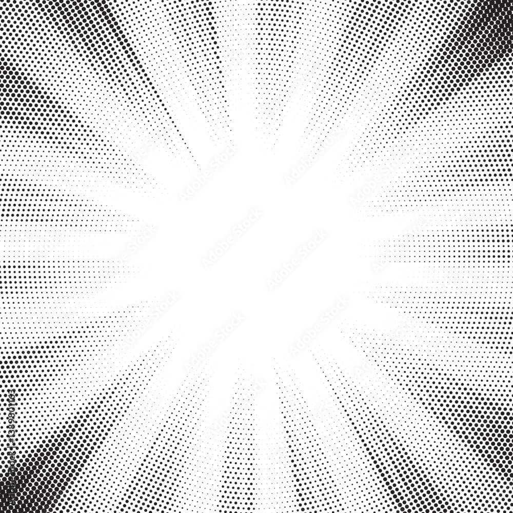 Poster Halftone gradient sun rays pattern. Abstract halftone vector dots background. monochrome dots pattern. Vector background in comic book style with sunburst rays and halftone. Retro pop art design.