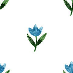 Tiny and cute blue flowers and green watercolor leaves botanical illustration pattern for plant lovers, children room, rustic interiors, cottagecore, bohemian