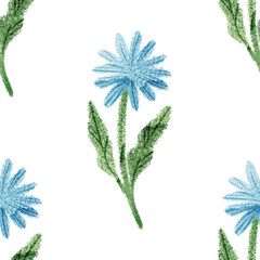 Tiny and cute blue flowers and green watercolor leaves botanical illustration pattern for plant lovers, children room, rustic interiors, cottagecore, bohemian
