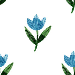 Tiny and cute blue flowers and green watercolor leaves botanical illustration pattern for plant lovers, children room, rustic interiors, cottagecore, bohemian