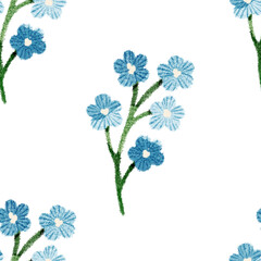 Tiny and cute blue flowers and green watercolor leaves botanical illustration pattern for plant lovers, children room, rustic interiors, cottagecore, bohemian