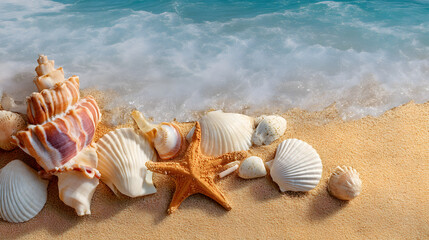 Natural assortment of conch shells, scallops, and starfish, elegantly arranged on a beautiful beach with golden sand.