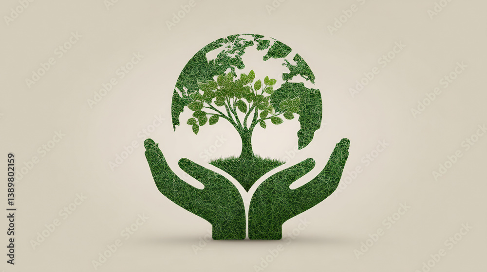 Aufkleber green world globe with tree is held by hands, symbolizing eco friendly practices and environmental c