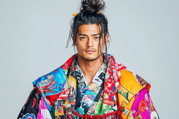 Fototapeta premium Weird hairstyle, Portrait of a man with a traditional Samurai topknot hairstyle.
