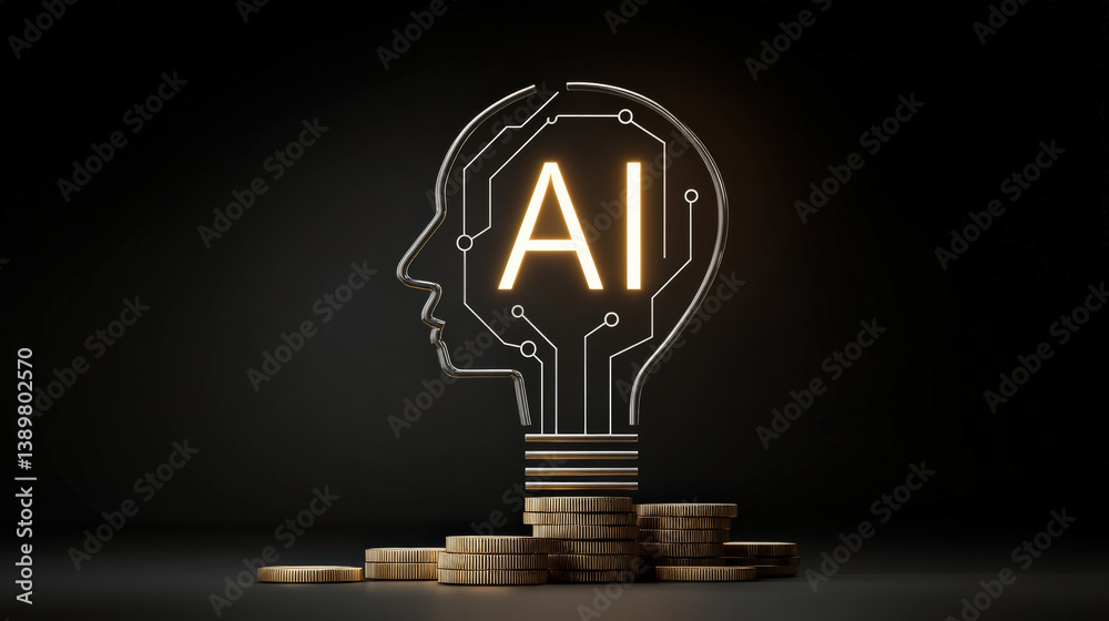 Leinwandbilder glowing lightbulb in shape of human head with ai inside is surrounded by stacked coins, symbolizing 