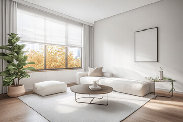 Cozy living room with large window and modern furniture in a bright setting
