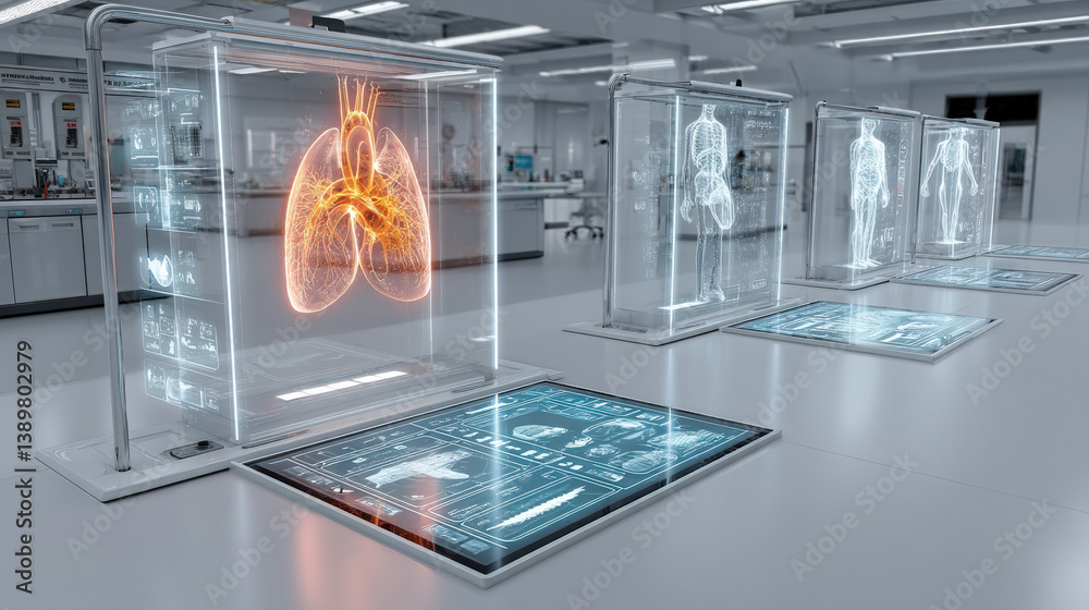 Aufkleber futuristic healthcare lab features ai powered diagnostic machines displaying holographic human anato