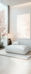 Fototapeta premium Minimalist bedroom with large window showcasing a tranquil outdoor view