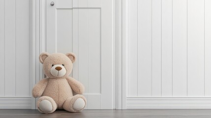 Cute teddy bear hides behind white wooden door. Playful, innocent scene. Perfect for kids room decoration as gift. Empty space suitable for text content. Cozy, sweet atmosphere. Ideal for children