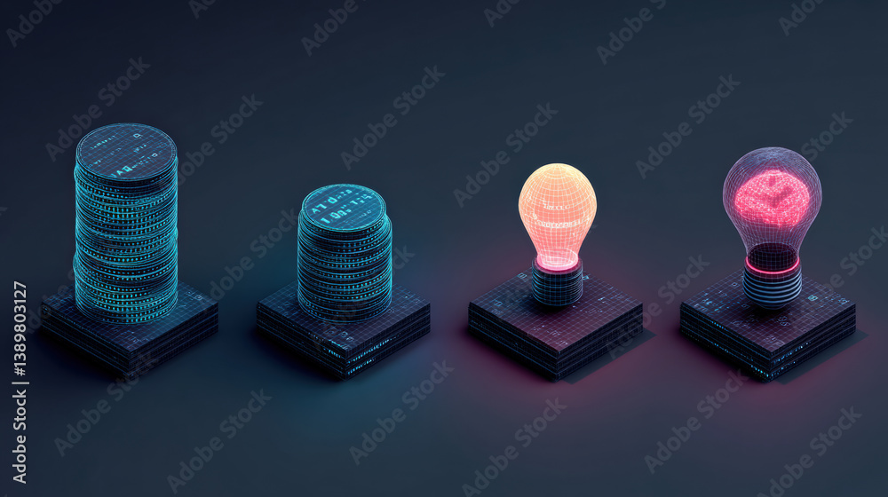 Aufkleber futuristic icon set featuring stack of coins and glowing light bulb, symbolizing innovation and fina