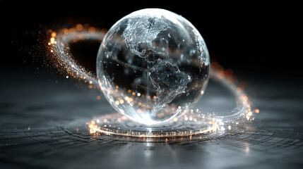 futuristic holographic globe floats above digital surface, surrounded by glowing particles and intricate patterns, creating sense of advanced technology and innovation