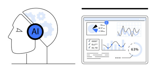 Human head with AI gear symbol and settings beside a data dashboard showing charts, graphs, and metrics. Ideal for artificial intelligence, data analysis, technology, future innovation, machine